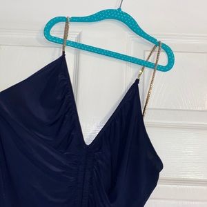 Navy blue ruched down the middle dress with rhinestone straps